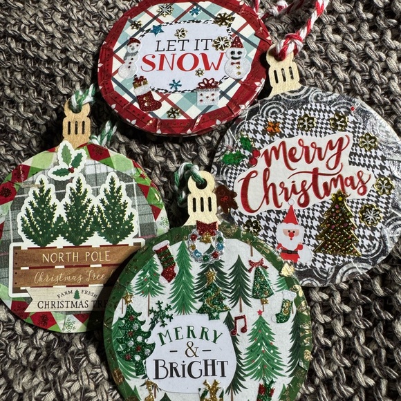 A set of 4 new unique handmade wooden 2.75x2.75” Christmas Tree Ornaments $32 - Picture 1 of 14
